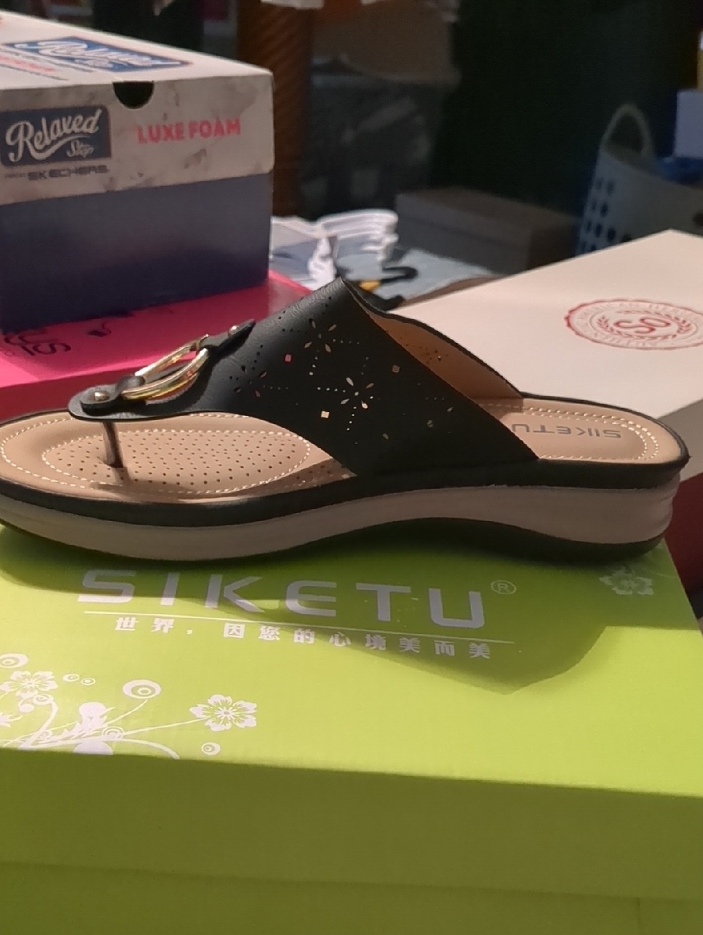 SiketU Black Women's Slip-On Thong Sandal with Gold Accent